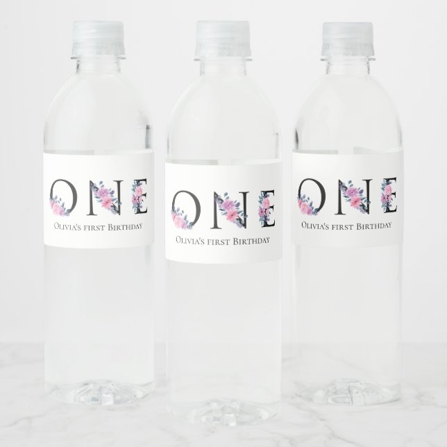 Étiquette Pour Bouteilles D'eau Un, Floral Premier Anniversaire (Bouteilles)