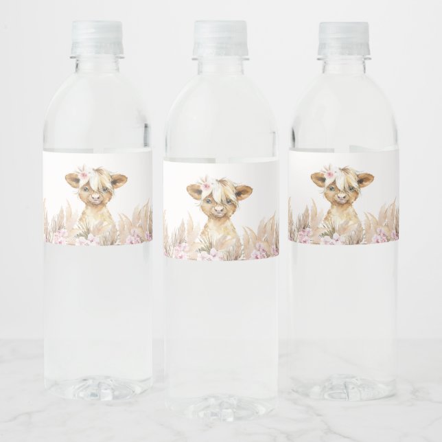 Étiquette Pour Bouteilles D'eau Vache rose Florale Highland (Bouteilles)