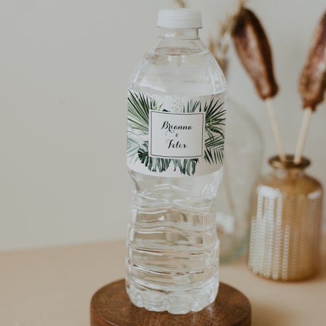 Étiquette Pour Bouteilles D'eau Végétation tropicale Blanc Floral Mariage (Créateur téléchargé)