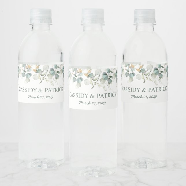 Étiquette Pour Bouteilles D'eau Verdure aquarelle, Mariage feuille eucalyptus (Bouteilles)