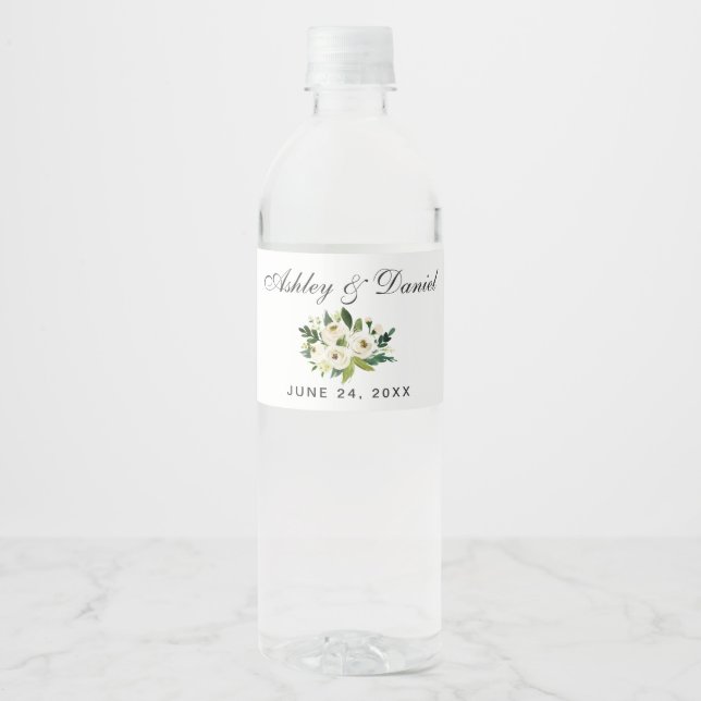 Étiquette Pour Bouteilles D'eau Vert blanc Aquarelle Mariage Floral (Devant)