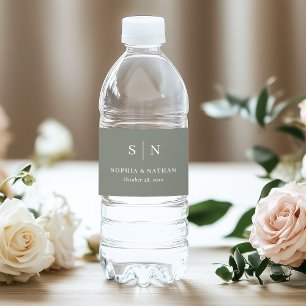 Étiquette Pour Bouteilles D'eau Vert sauge minimaliste et chic   Mariage Monogramm