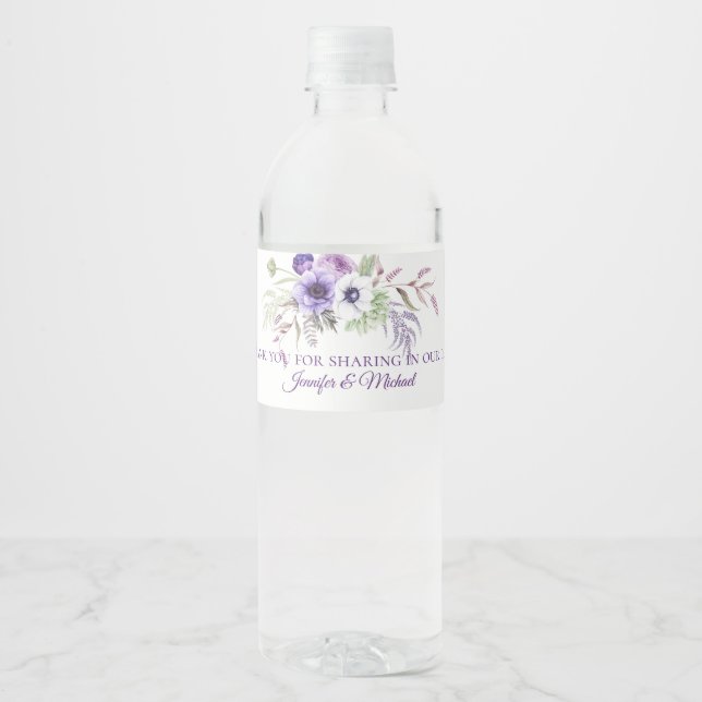 Étiquette Pour Bouteilles D'eau Violet Lavande Blanc Floral Mariage Faveurs | (Devant)