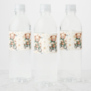 Étiquette Pour Bouteilles D'eau Watercolor Teddy Bear Stars Green Bike Party