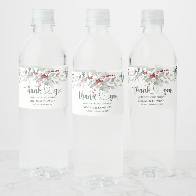 Étiquette Pour Bouteilles D'eau Winter Greenery Red Berry Mariage de Noël (Bouteilles)