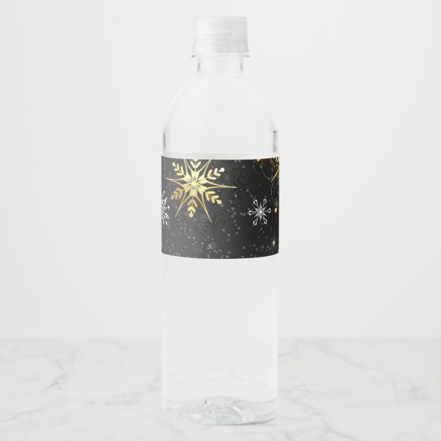 Étiquette Pour Bouteilles D'eau Xmas Golden Snowflakes on Black Background (Devant)