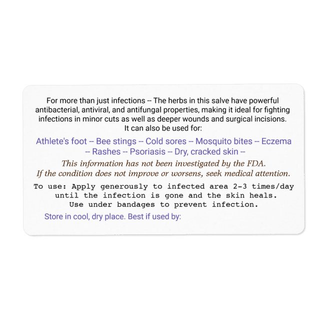 Étiquette pour le dos du pot de salve. (Devant)