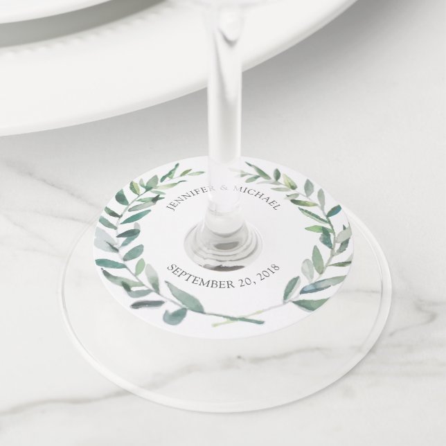 Étiquette Pour Verre De Vin Aquarelle botanique feuille marié mariage (De près)