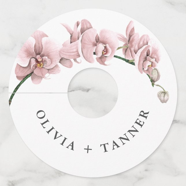 Étiquette Pour Verre De Vin Aquarelle Orchidées roses Mariage tropical (Devant)