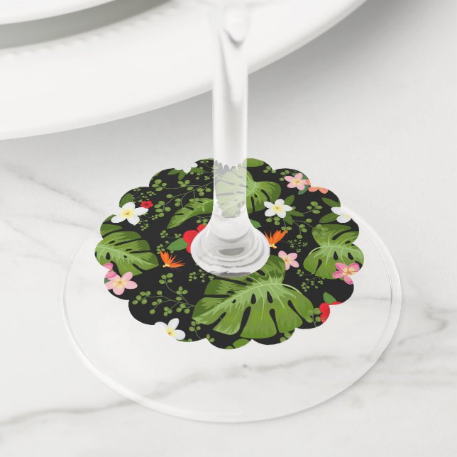 Étiquette Pour Verre De Vin Arrière - plan de fleurs tropicales 3 (De près)