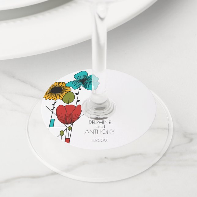 Étiquette Pour Verre De Vin Art contemporain Nouveau Floral Mariage (De près)
