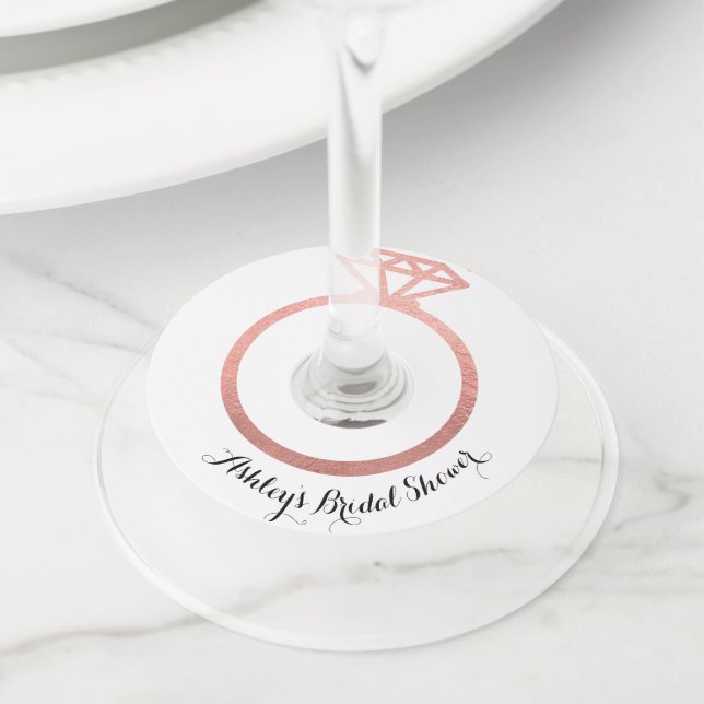 Étiquette Pour Verre De Vin Bague en or rose pour la douche de mariage  (De près)