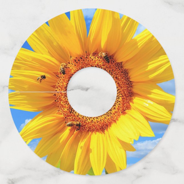 Étiquette Pour Verre De Vin Balise Tournesol jaune et Verre des abeilles (Devant)