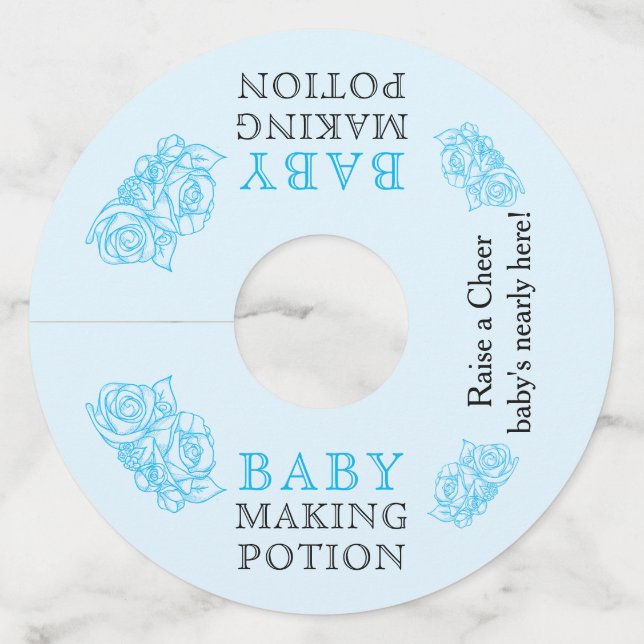 Étiquette Pour Verre De Vin Bébé faisant potion Baby shower bleu toast (Devant)