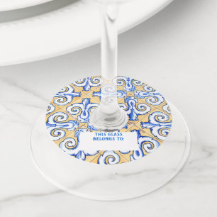 Étiquette Pour Verre De Vin Carreaux espagnols - Azulejo Bleu, Jaune et Blanc