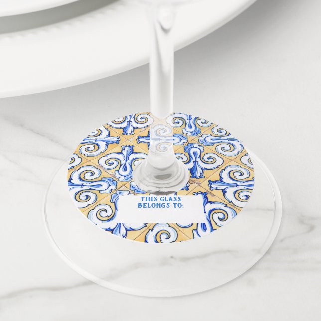 Étiquette Pour Verre De Vin Carreaux espagnols - Azulejo Bleu, Jaune et Blanc (De près)