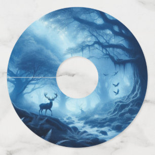 Étiquette Pour Verre De Vin Cerf dans la forêt sombre de brume bleue