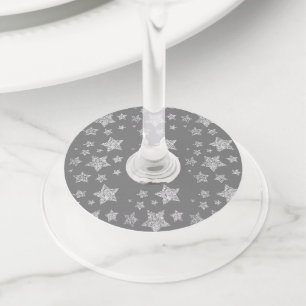 Étiquette Pour Verre De Vin Christmas Sparkle Stars argent motif sur gris