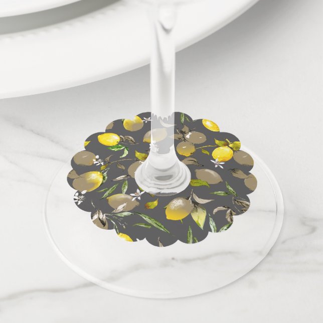 Étiquette Pour Verre De Vin citrons d'aquarelle 34 (De près)