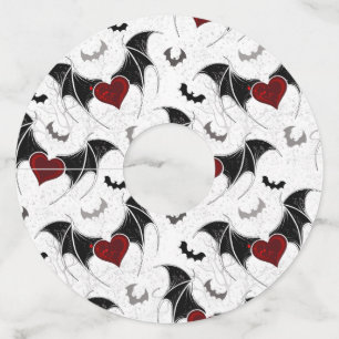 Étiquette Pour Verre De Vin Coeur d'Halloween avec ailes de chauve-souris noir