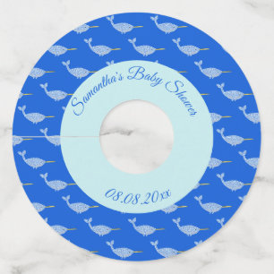 Étiquette Pour Verre De Vin Cute Blue Baby Boy Narwhal Baby shower personnalis