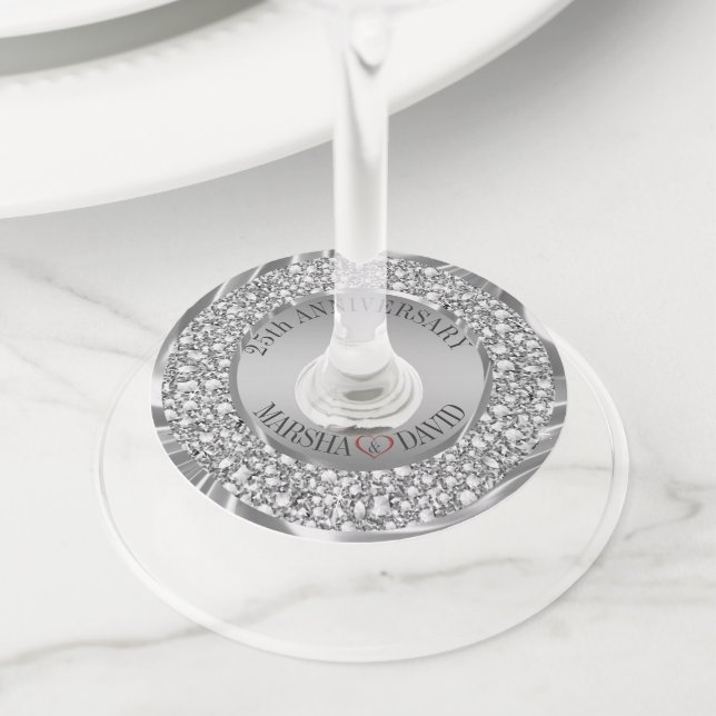 Étiquette Pour Verre De Vin Diamants D'Argent Et Coeur Rouge (De près)