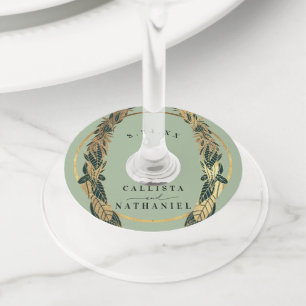 Étiquette Pour Verre De Vin Elégant Gold Sage Vert verdure Feuille Mariage