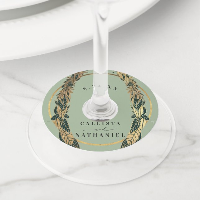 Étiquette Pour Verre De Vin Elégant Gold Sage Vert verdure Feuille Mariage (De près)