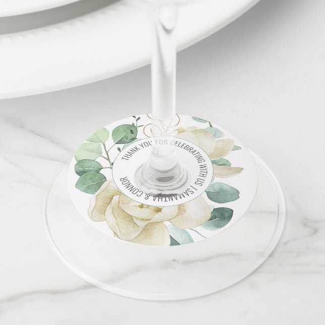 Étiquette Pour Verre De Vin Elégant Magnolia Eucalyptus Verdure Mariage Faveur (De près)