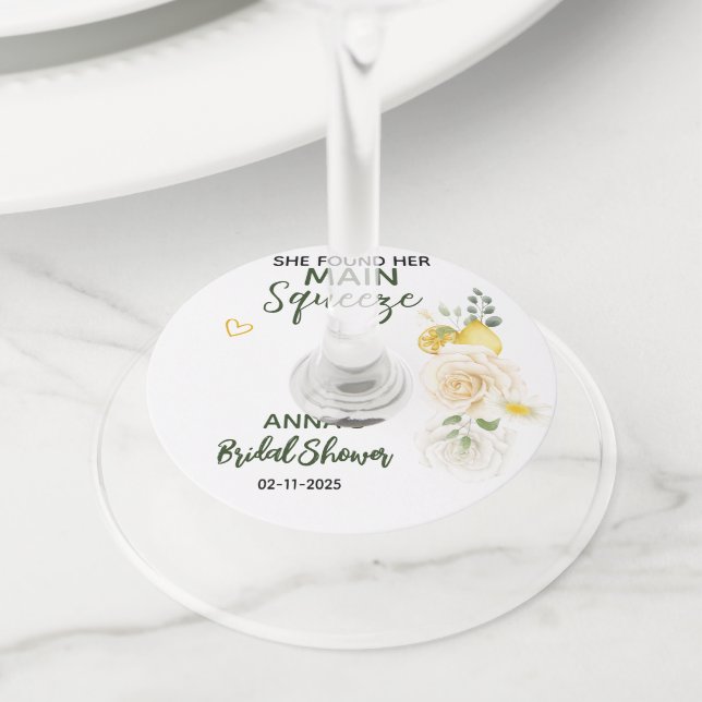 Étiquette Pour Verre De Vin Élégant Main Squeeze Fleur de Citron Mariage  (De près)