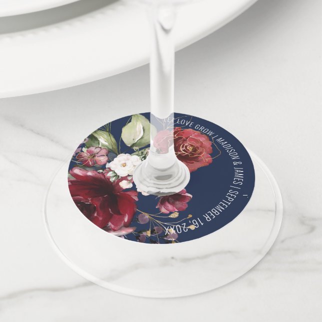 Étiquette Pour Verre De Vin Élégant mariage floral bordeaux personnalisé (De près)