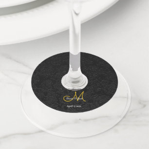 Étiquette Pour Verre De Vin Élégant noir blanc or simple Mariage Monogramme