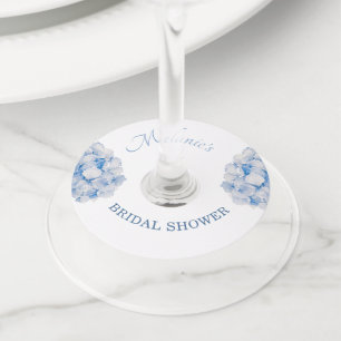 Étiquette Pour Verre De Vin Élégant Shower de Mariée aux Fleurs Bleues d'Hydra