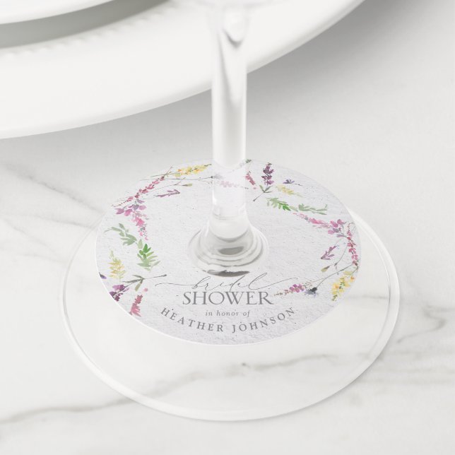 Étiquette Pour Verre De Vin Elégante aquarelle Fleur sauvage Fête des mariées  (De près)