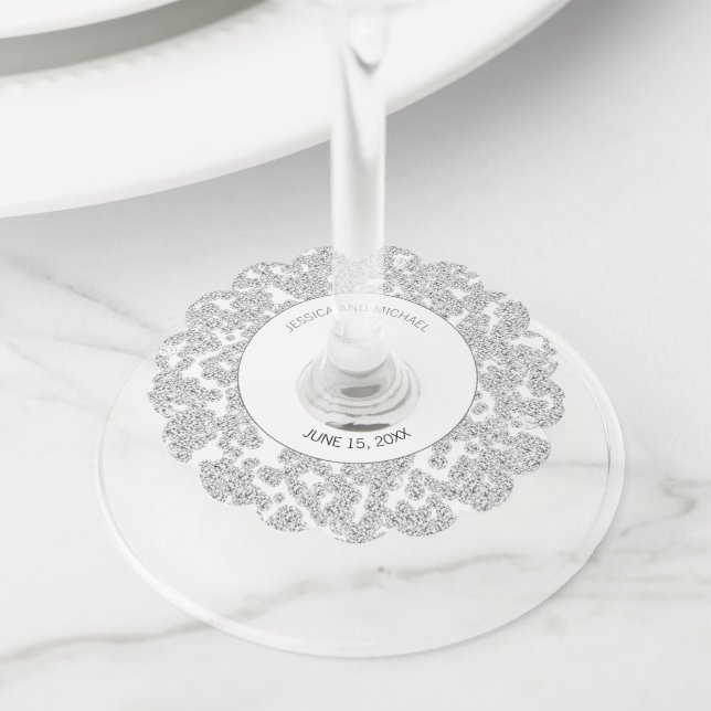 Étiquette Pour Verre De Vin Elégante Parties scintillant Diamant d'argent blan (De près)