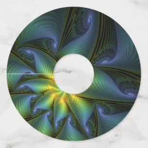 Étiquette Pour Verre De Vin Etoile Abstraite, Bleu brillant Vert Or Fractal Ar