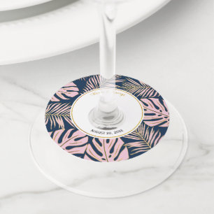 Étiquette Pour Verre De Vin Feuille tropical rose moderne, bleu marine mariage