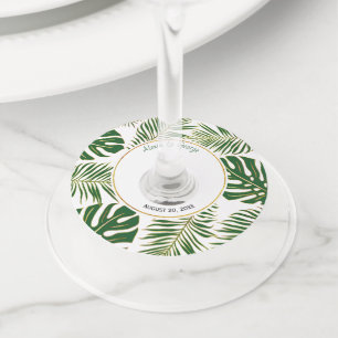 Étiquette Pour Verre De Vin Feuille tropicale or moderne et mariage vert