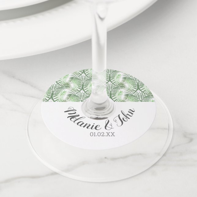 Étiquette Pour Verre De Vin Feuilles de Palmier Tropical - Nom du Couple (De près)