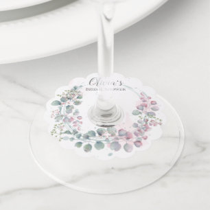Étiquette Pour Verre De Vin Feuilles d'eucalyptus vert et rose à l'aquarelle
