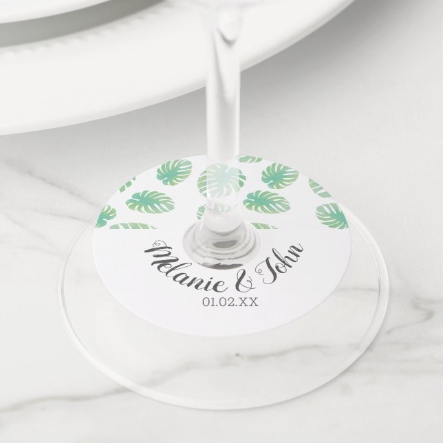 Étiquette Pour Verre De Vin Feuilles tropicales de Monstera à l'aquarelle - No (De près)