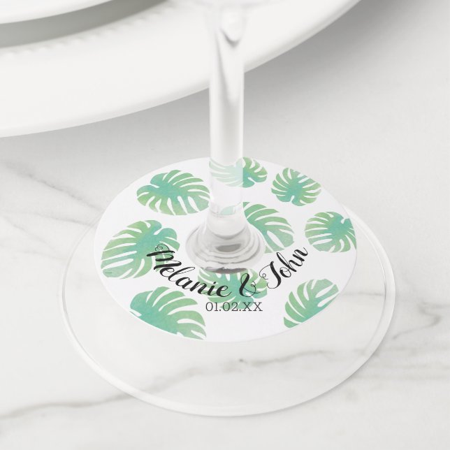 Étiquette Pour Verre De Vin Feuilles tropicales de Monstera à l'aquarelle - No (De près)