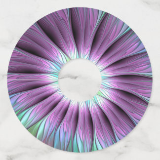 Étiquette Pour Verre De Vin Fleur Abstraite colorée rose bleu vert fractal