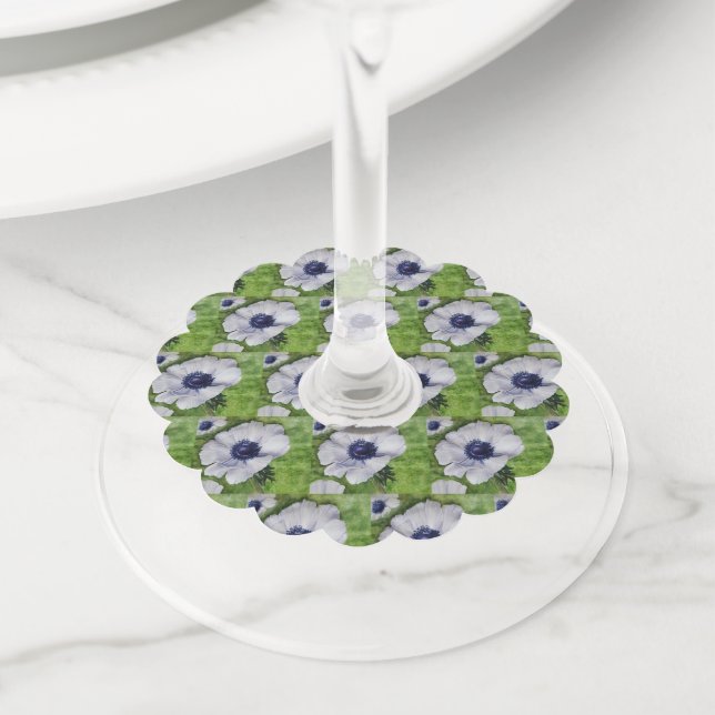Étiquette Pour Verre De Vin Fleur d'anémones florales blanches (De près)