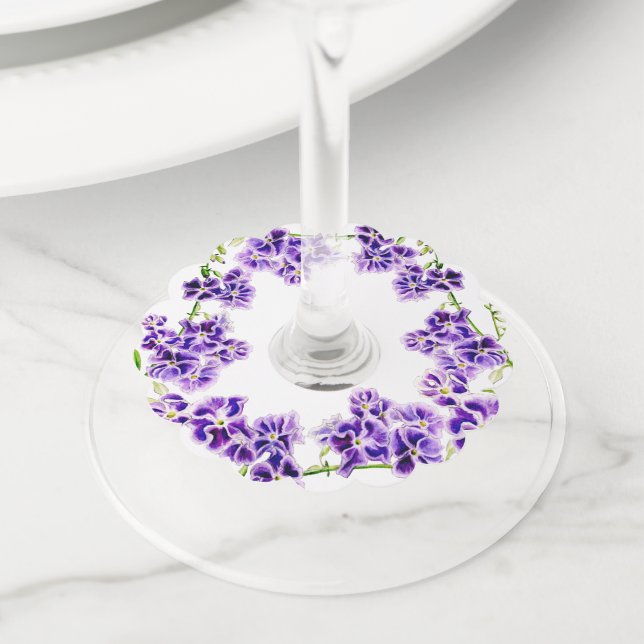 Étiquette Pour Verre De Vin Fleur d'aquarelle violette duranta (De près)