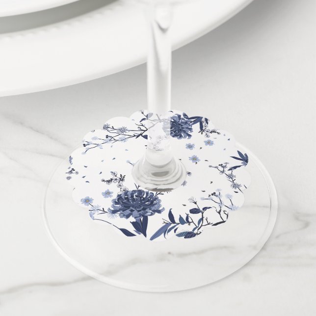 Étiquette Pour Verre De Vin Fleurs bleues (De près)