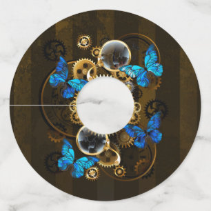 Étiquette Pour Verre De Vin Gears of Steampunk and Blue Butterflies