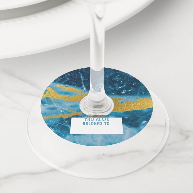 Étiquette Pour Verre De Vin Géode Agate Gemstone Blue et Gold (De près)