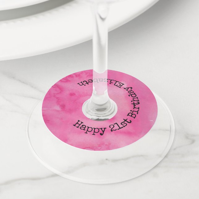 Étiquette Pour Verre De Vin Joyeux Anniversaire rose chic fille aquarelle Mono (De près)