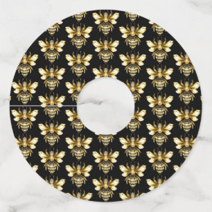 Étiquette Pour Verre De Vin Logo Faux Gold Foil Bee Polygonal sur Noir